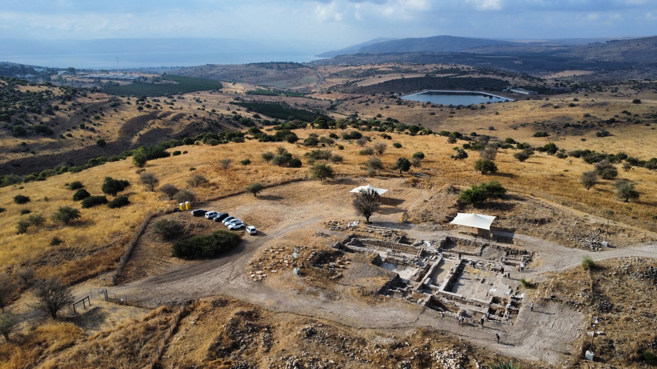 Aerial view of Huqoq Synagogue and the surrounding Galilee landscape